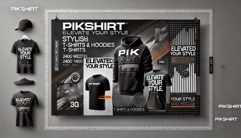 DALL·E 2024 10 09 12.45.05 A modern and trendy banner for the brand 'Pikshirt' with dimensions of 2400 width and 1200 height, focusing on stylish t shirts and hoodies in the fas